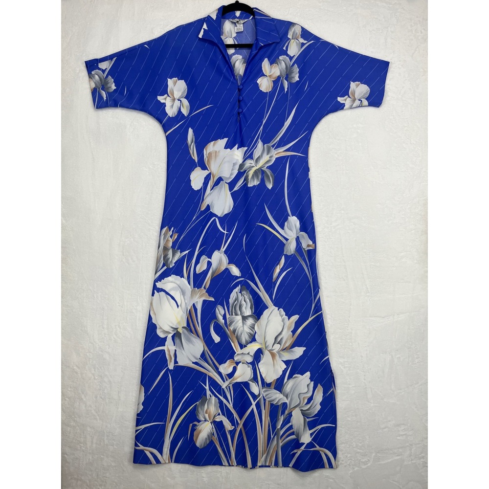 Vintage Tori Richard Honolulu Maxi Dress Med Blue Floral 80s Caftan‎ MuuMuu